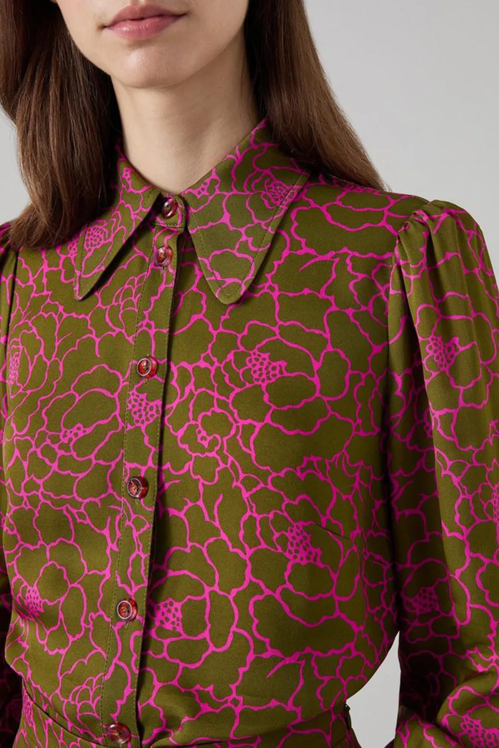 Pink Patterned Long Sleeve Button Down Blouse