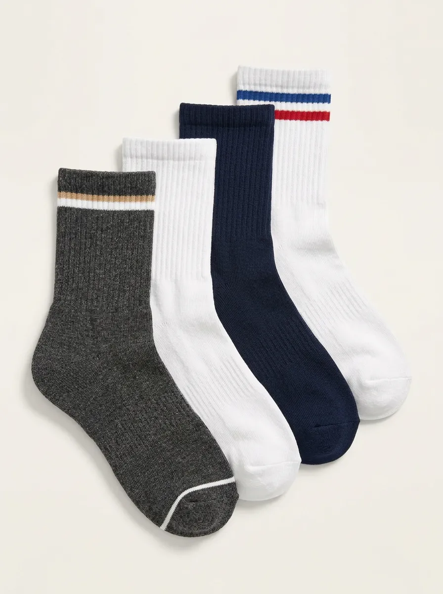 Striped Ribbed Texture Crew Length Reinforced Toe Men's Crew Socks Four-Pair Pack