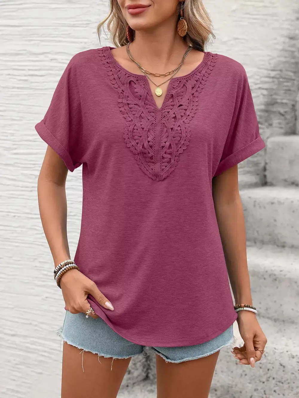 Lace Trim Detail Short Sleeve T-Shirt