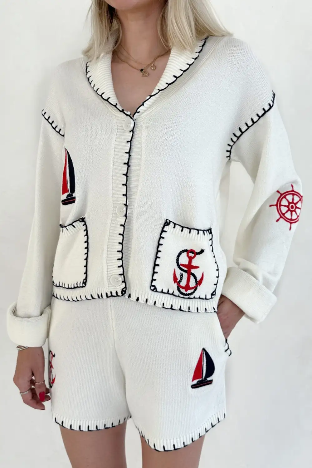 Easy Pull On Knit Embroidered Cardigan