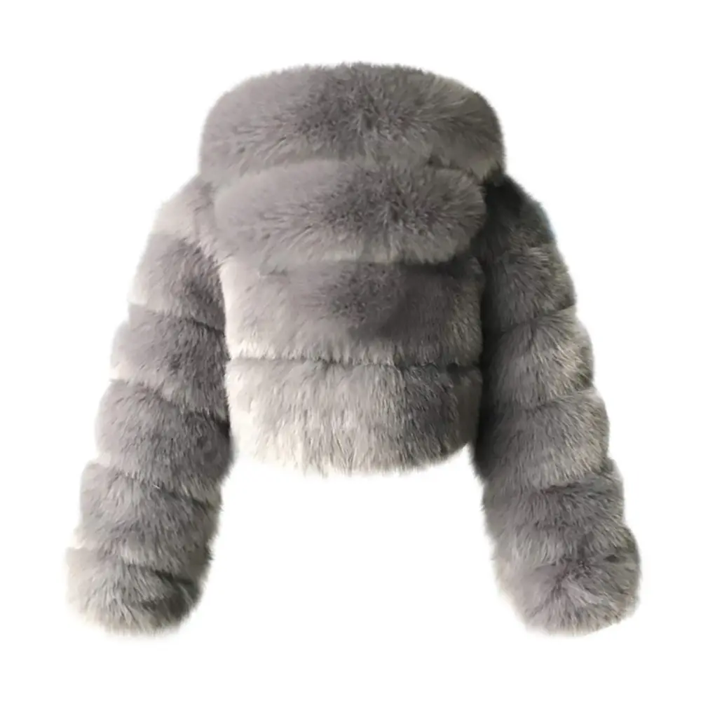 Gray Faux Fur Coat Women with Hood Cropped Bubble Coats Fleece Short Warm Jackets Plus Size Winter Coats for Women