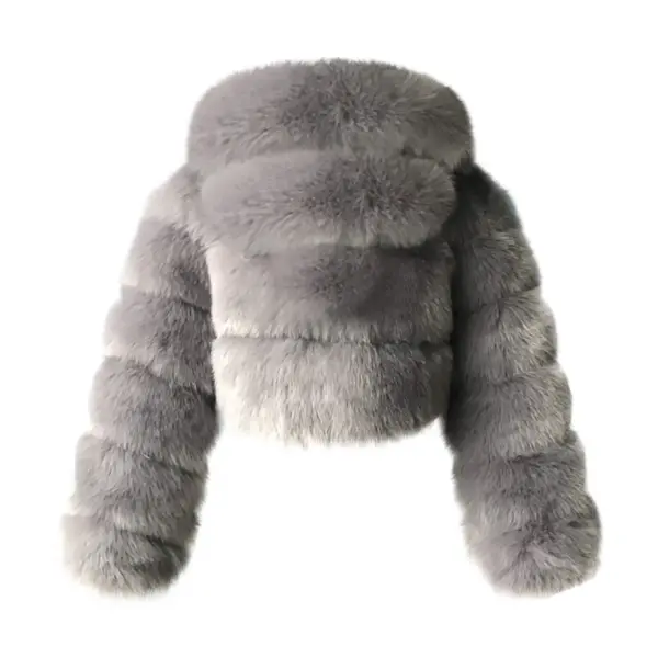 Gray Faux Fur Coat Women with Hood Cropped Bubble Coats Fleece Short Warm Jackets Plus Size Winter Coats for Women