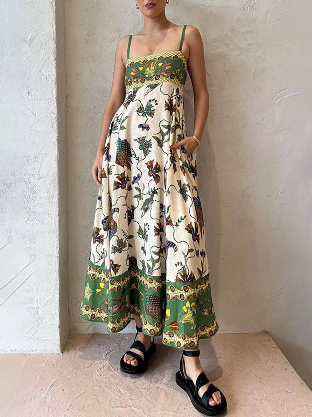 Sun Drenched Print Smocked Back Pocketed Midi Dress