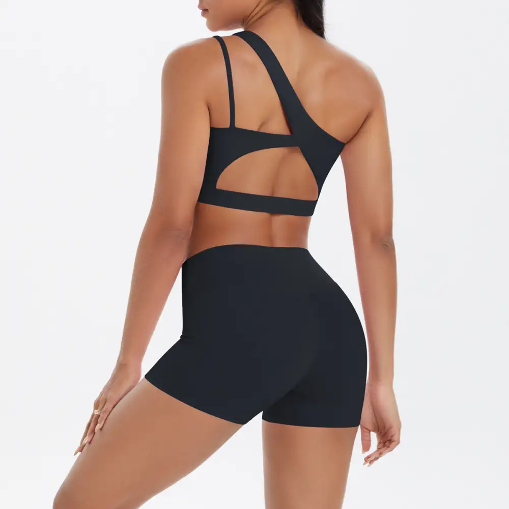 One-Shoulder Backless Bra, Vest and Shorts Active Set