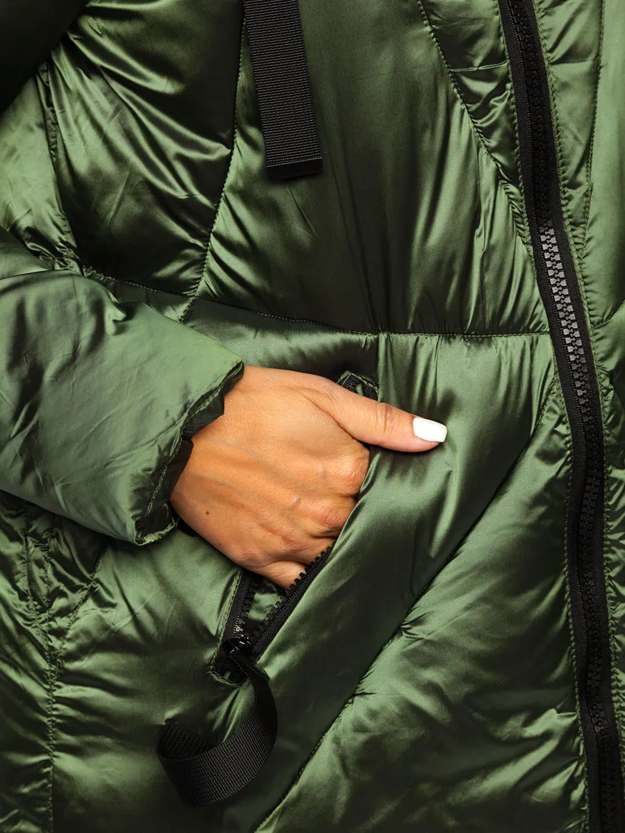 women's green quilted winter jacket with hood