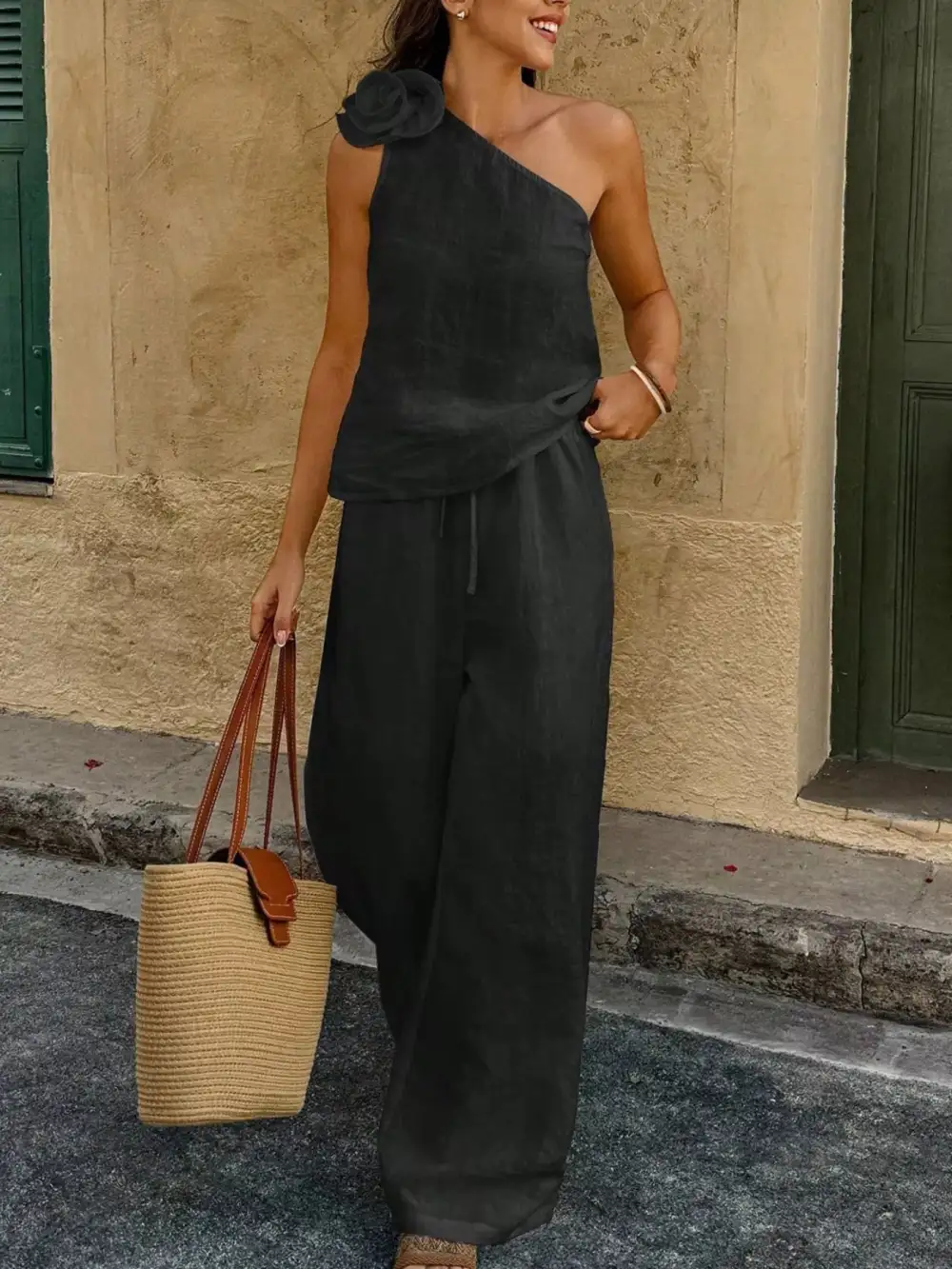 One-shoulder Embellished Top and Pants Set