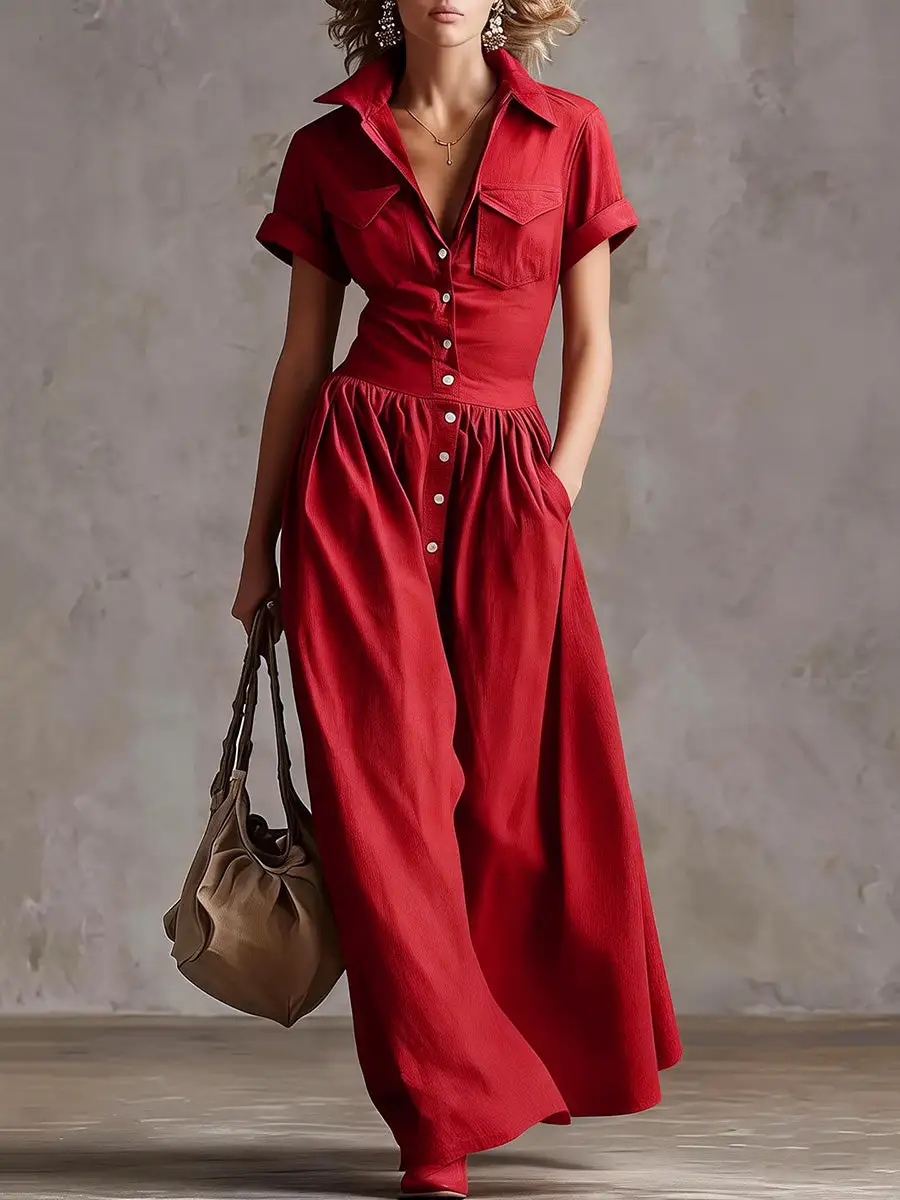 Waisted Pleated Buttoned Maxi Dress