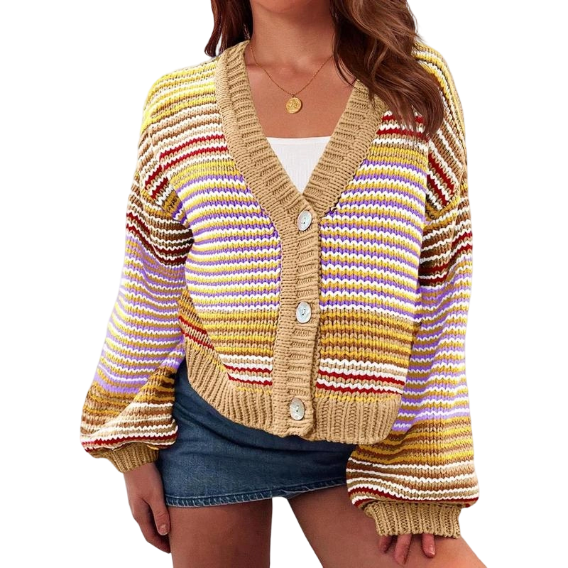 Womens Striped Cardigan Sweaters Oversized Puff Sleeve Button Up V Neck Color Block Knit Sweater Coat