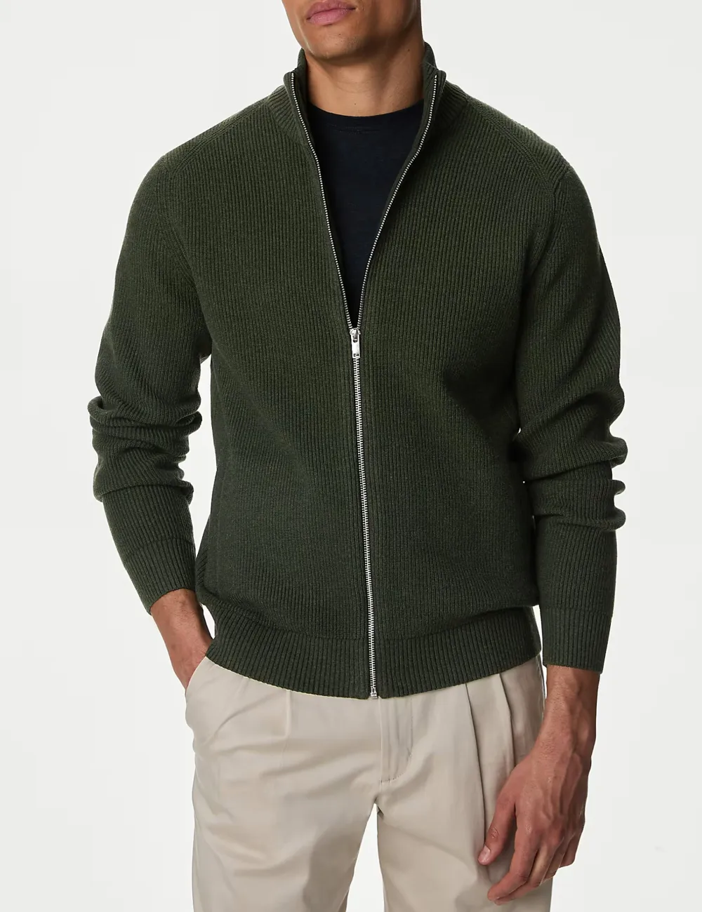 Ribbed Blend Funnel Neck Zip Up Jumper