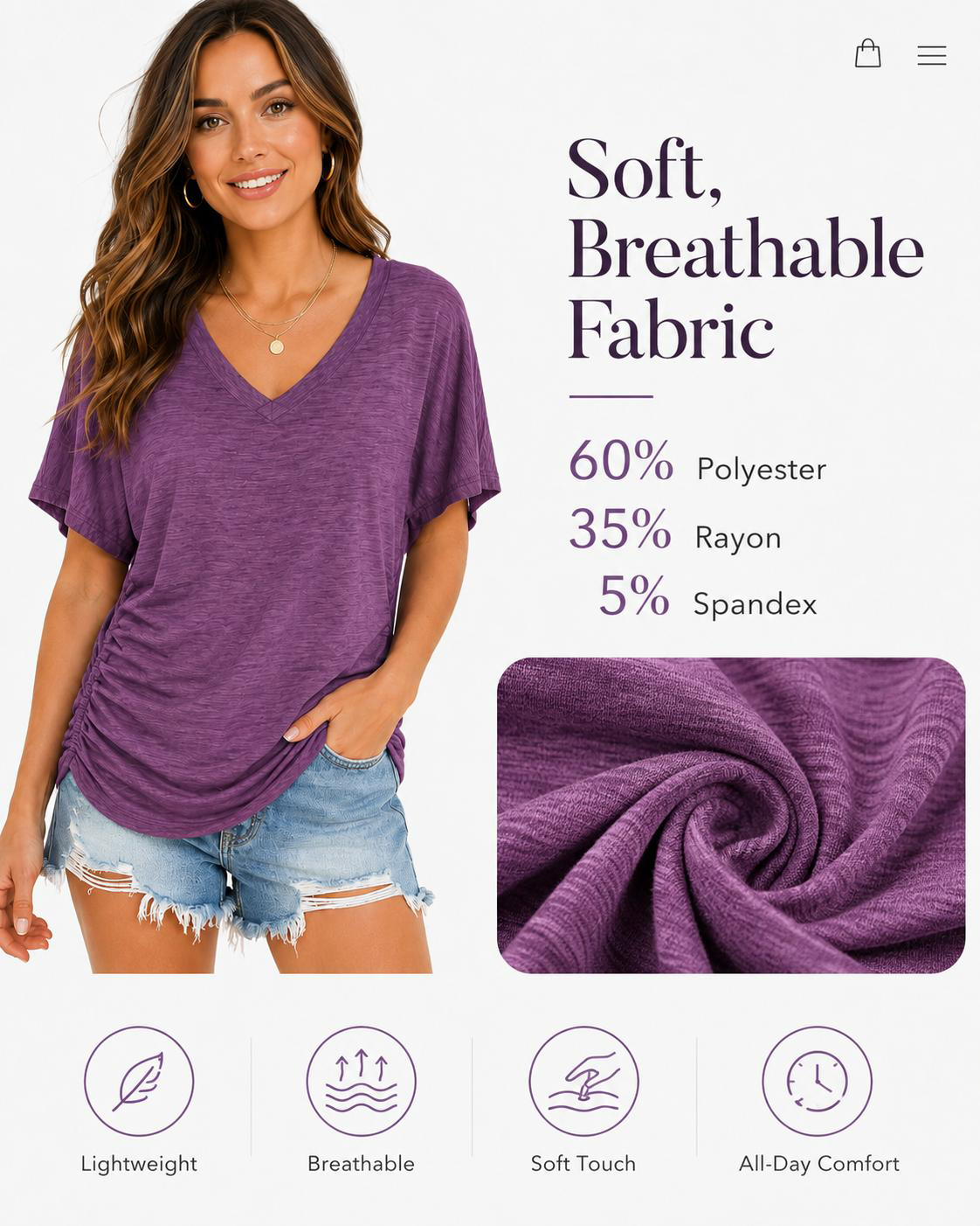 WIHOLL SwimWeek Womens Short Sleeve V Neck Dolman Tops with Side Shirring Loose Fit Shirts