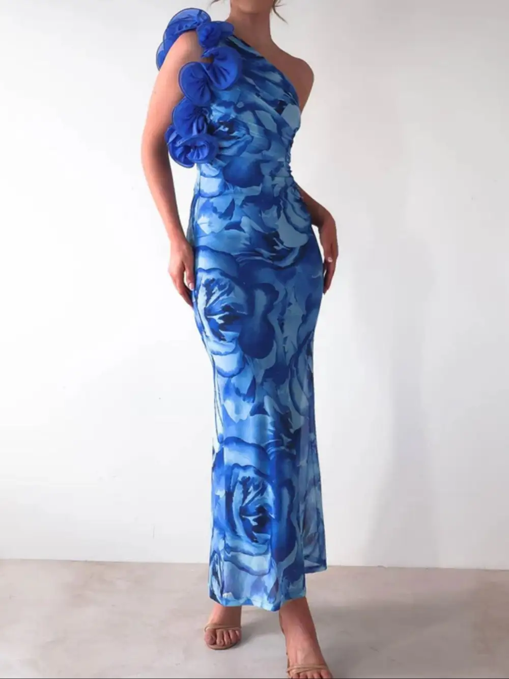 Floral Print One Shoulder Maxi Dress