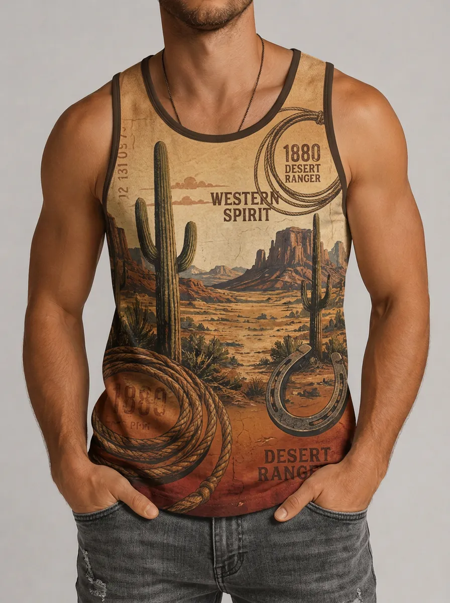 Men's Western Spirit Desert Ranger Cactus Lasso Printed Tank Top