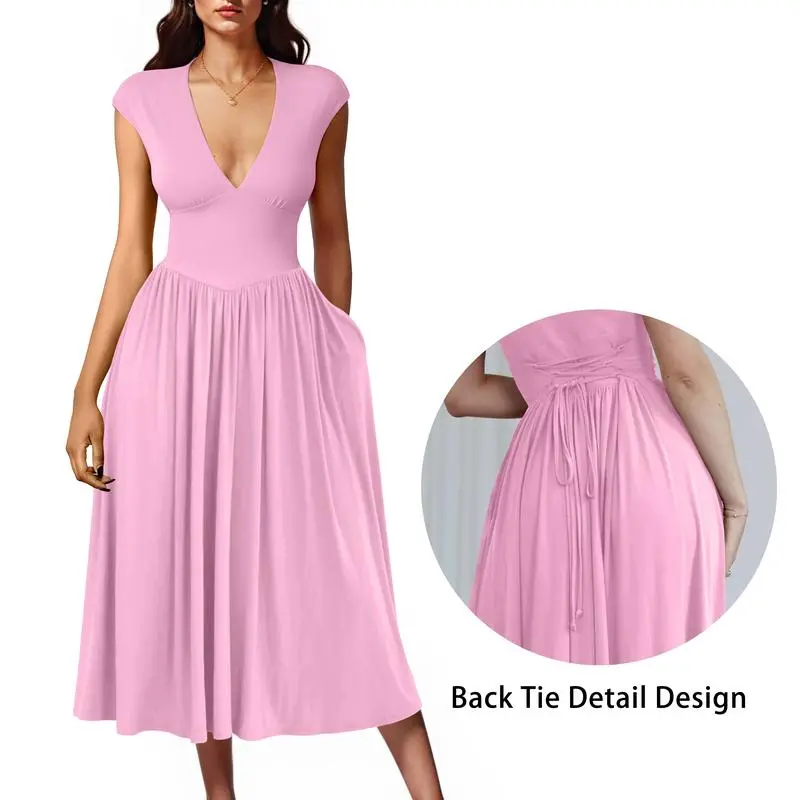 5PACK-Women'S Summer Casual Deep V NeckMidi Dress