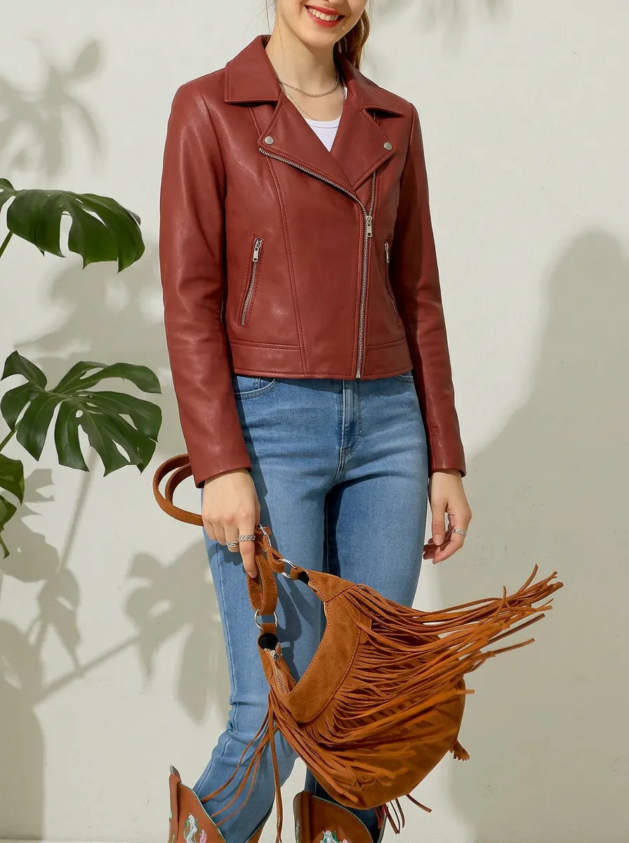Women's Casual Fashion Burgundy Faux Leather Biker Waist-Length Jacket
