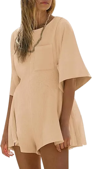 Women’s Summer Slim Fit Romper – Short Sleeve Crew Neck Jumpsuit with Pocket