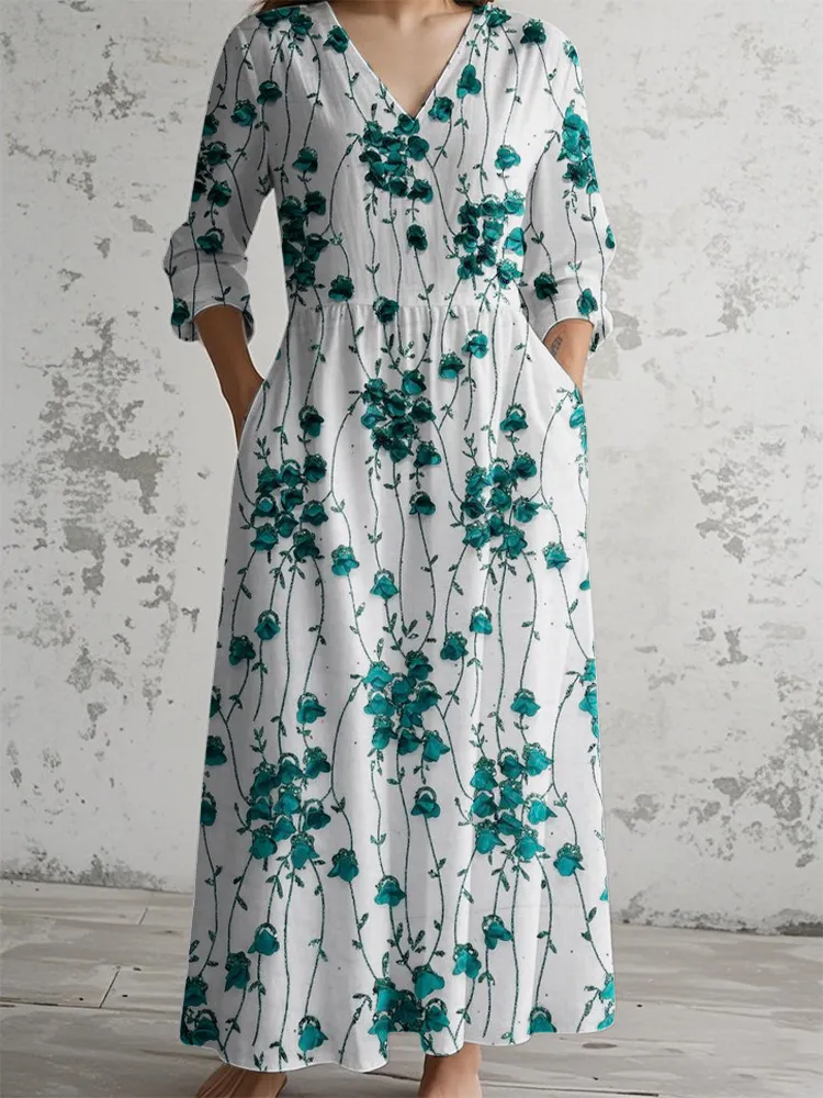 Deep Green Flower Sequin Print Long-Sleeve Dress