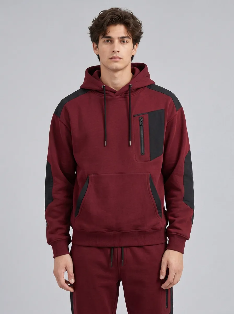Men's Sporty Activewear Olive Green Colorblock Zippered Hoodie Jogger Set