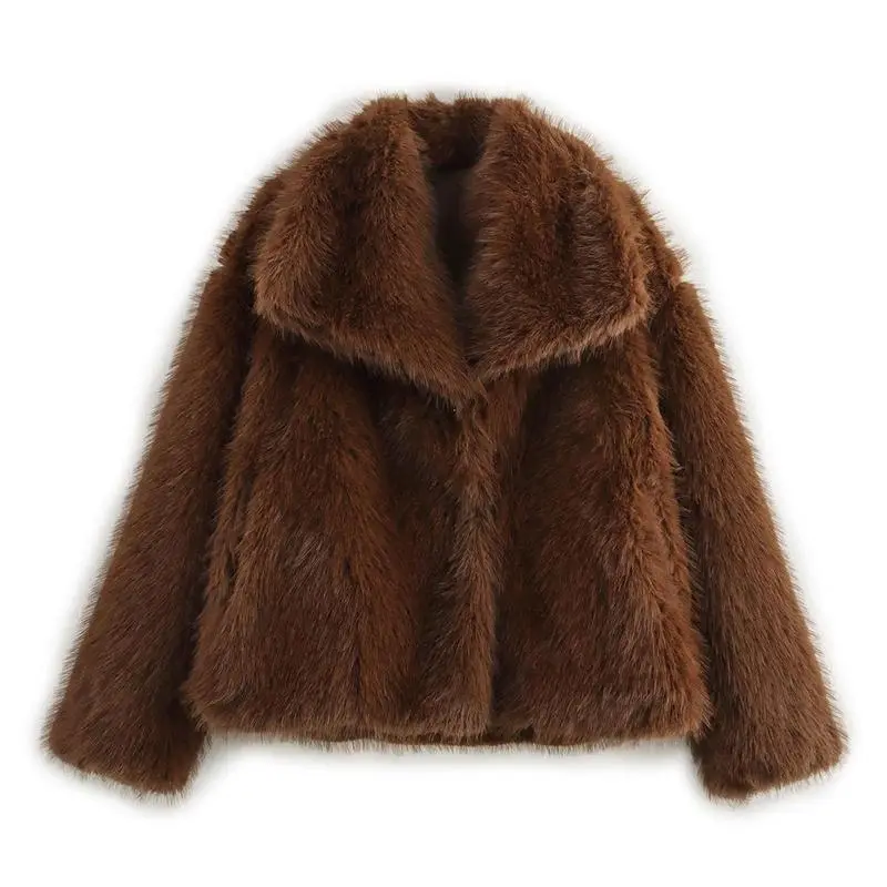 Women's Luxurious Oversize Solid Color Wide Lapel Snap Closure Fuzzy Thermal Outerwear, Fall & Winter Long Sleeve Outerwear, Faux Fur Outfit