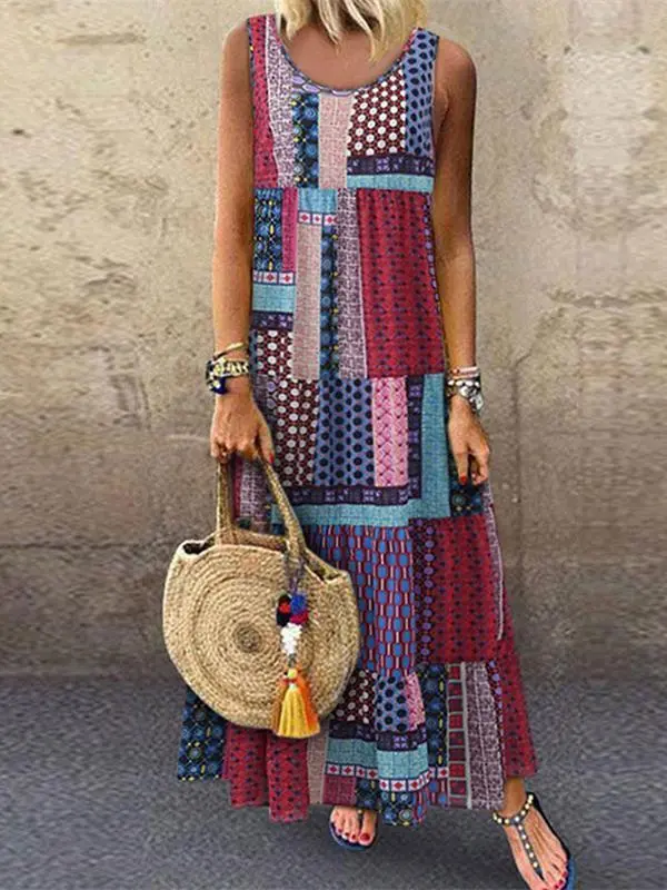 Casual Loose Sleeveless O-neck Vest Dress Irregular Print Sundress