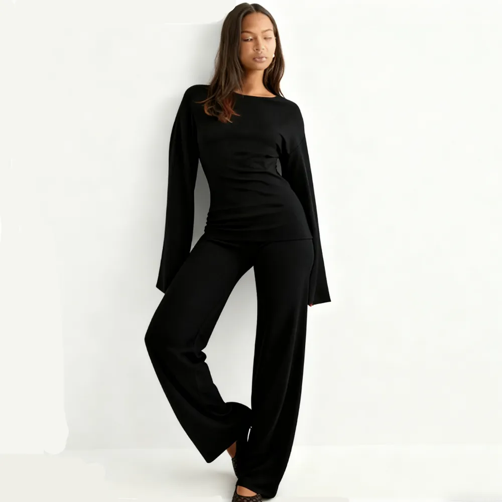 Women's Fall New Round Neck Flare Long Sleeve Top & Elastic Waist Straight Leg Pants Set