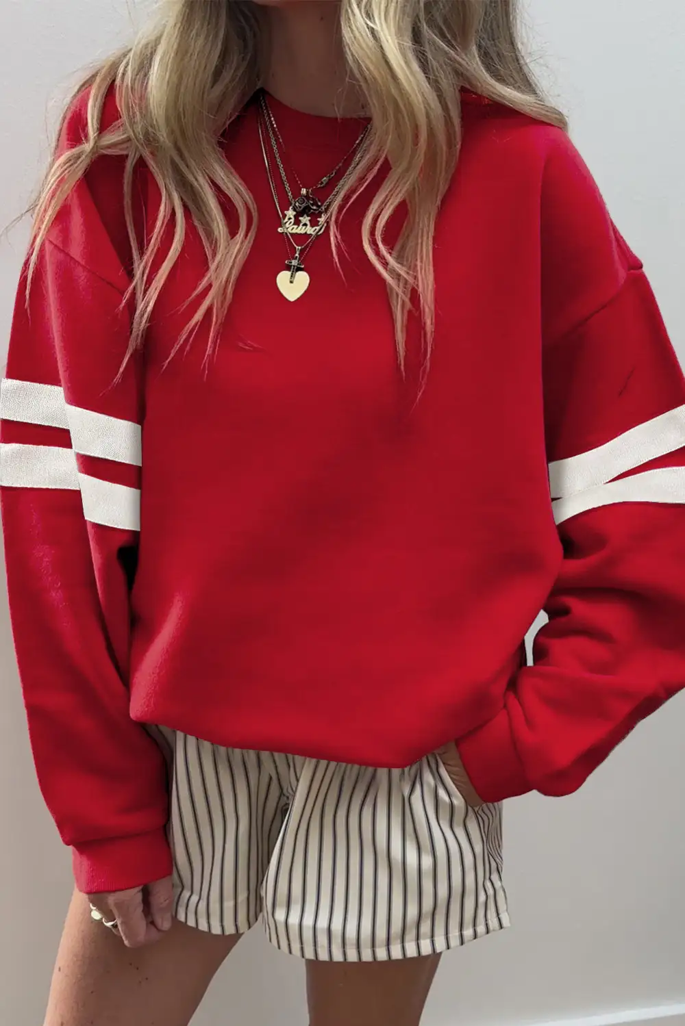 Lounge Ready Relaxed Striped Drop Shoulder Varsity Stripe Sweatshirt