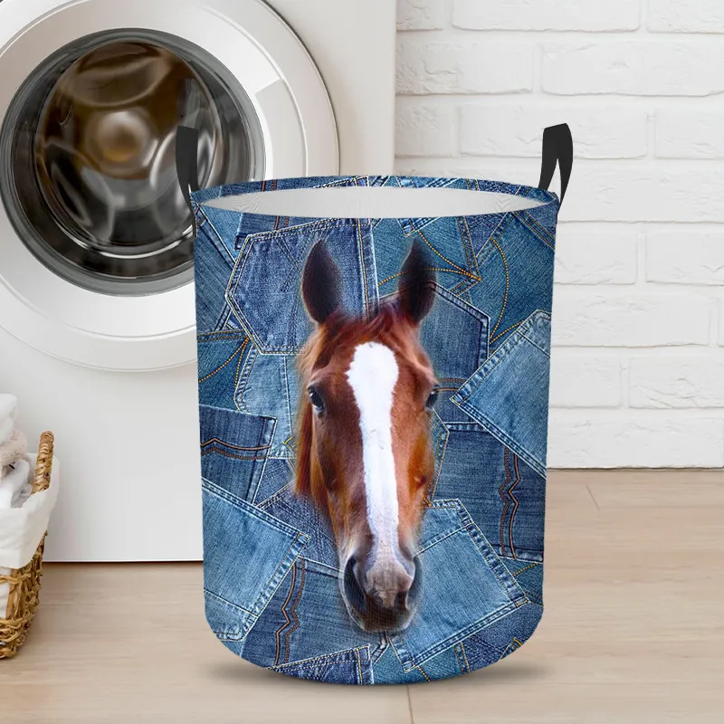 Laundry Jeans Spliced 3D Horse Print Functional Laundry Basket