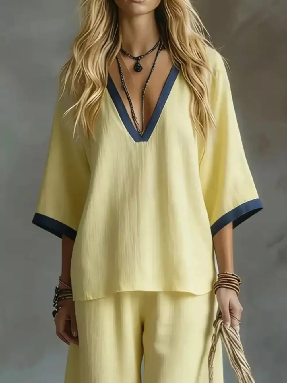 Contrast Trim V Neck Top and Pants Set