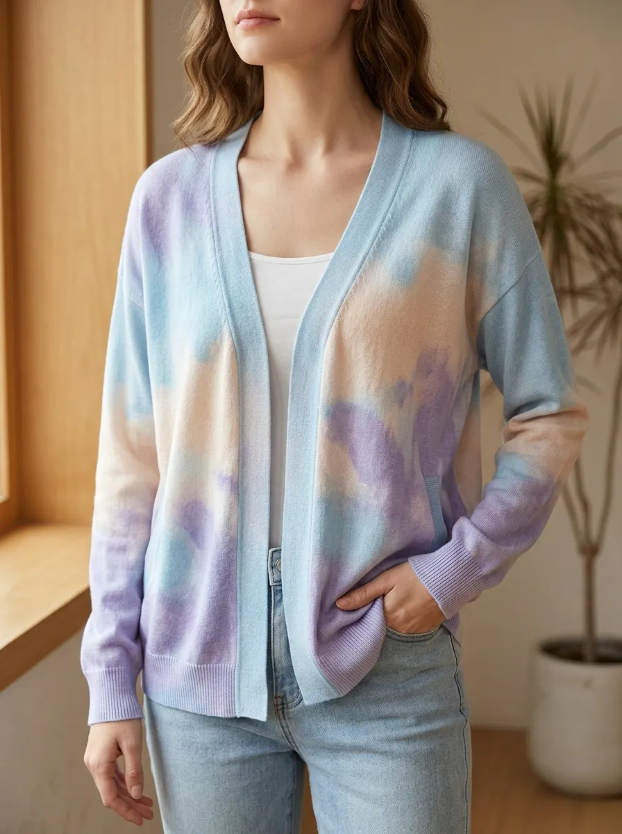Women's Pastel Tie-Dye Pattern Printed Hip Length Classic Wardrobe Cardigan