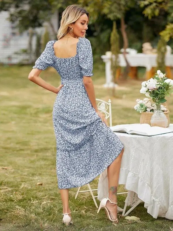 Women Square Neck Ditsy Floral Frill Trim Dress