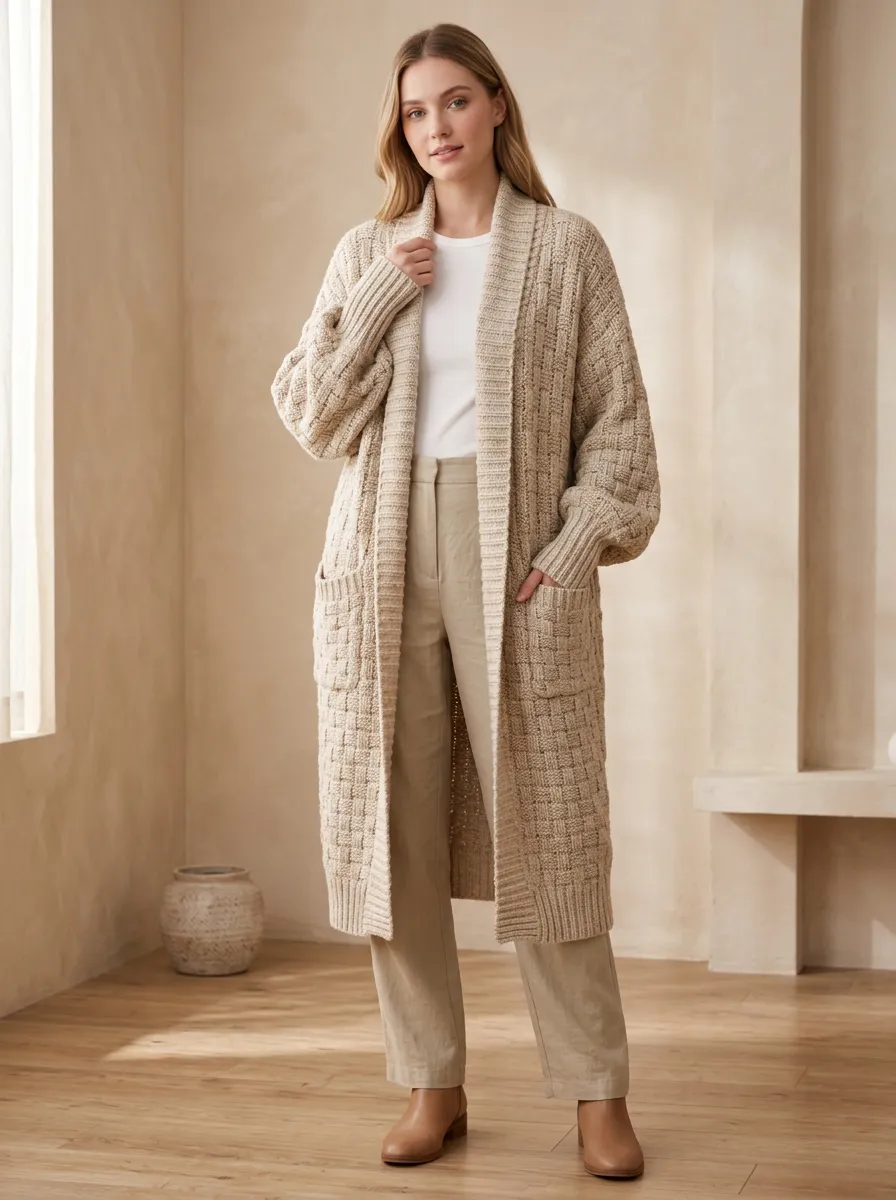 Women's Casual Beige Basketweave Knit Open Front Cardigan