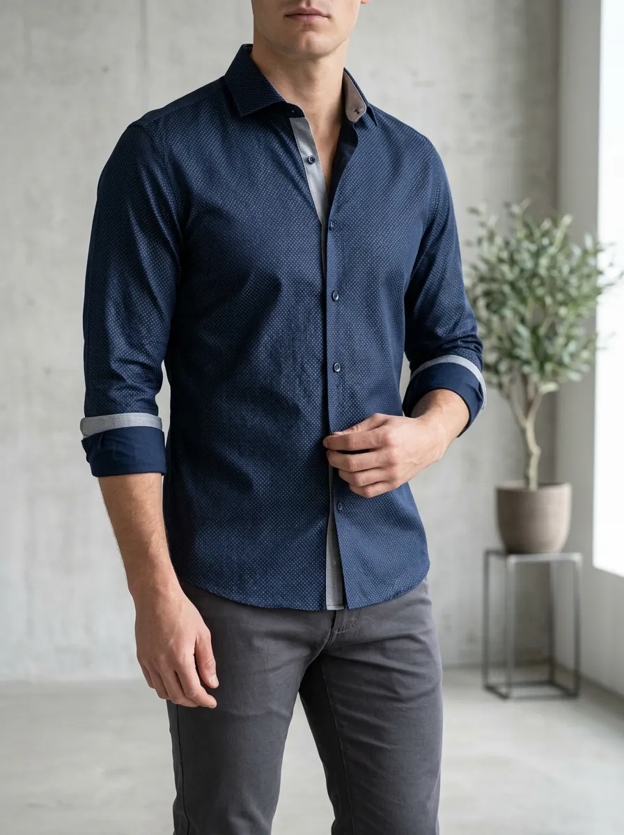Men's Business Casual Navy Polka Dot Printed Slim Fit Shirt