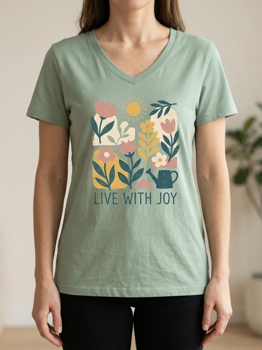 Women's Live With Joy Floral Garden Print V-Neck T-Shirt