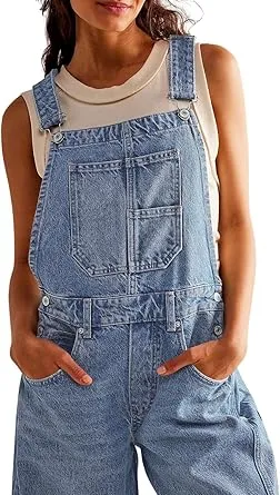 Women's Denim-Effect Print Plicated Wide Leg Overalls Jumpsuit, Minimalist Chic Fashion Casual Pocket Square Neck Overalls Jumpsuit for Daily Outdoor Wear, Ladies Clothes for All Seasons