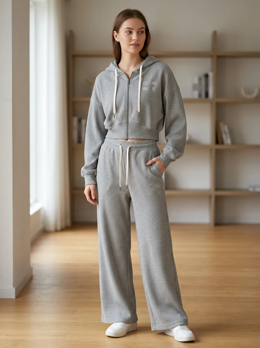 Women's Minimalist Geometric Mountain Printed Waffle Knit Hoodie Jogger Set