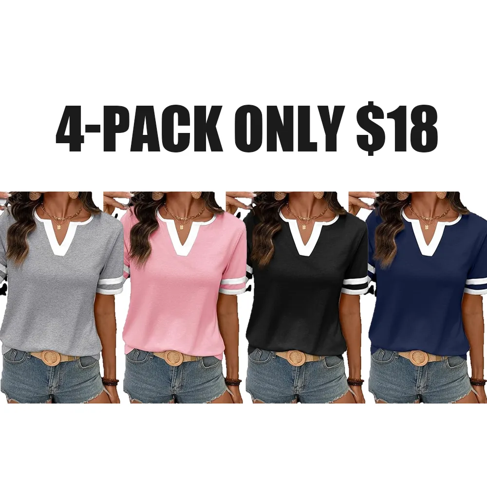 Spring/Summer Women's Casual Color Block V-Neck T-Shirt
