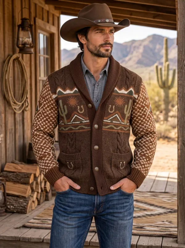 Range Rider Horseshoe Horse Cactus Detail Men's Western Cardigan