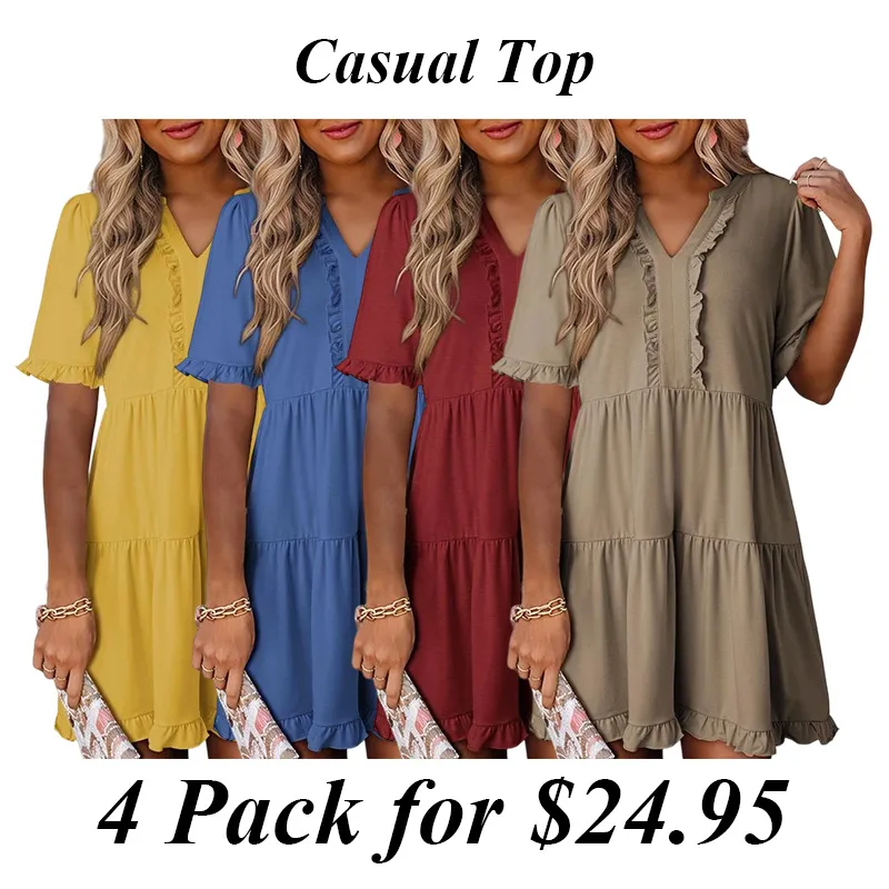 Womens Dresses 2025 Summer Spring V Neck Ruffle Short Sleeve Casual A-Line Flowy Swing Shift Dress Mini Dress
