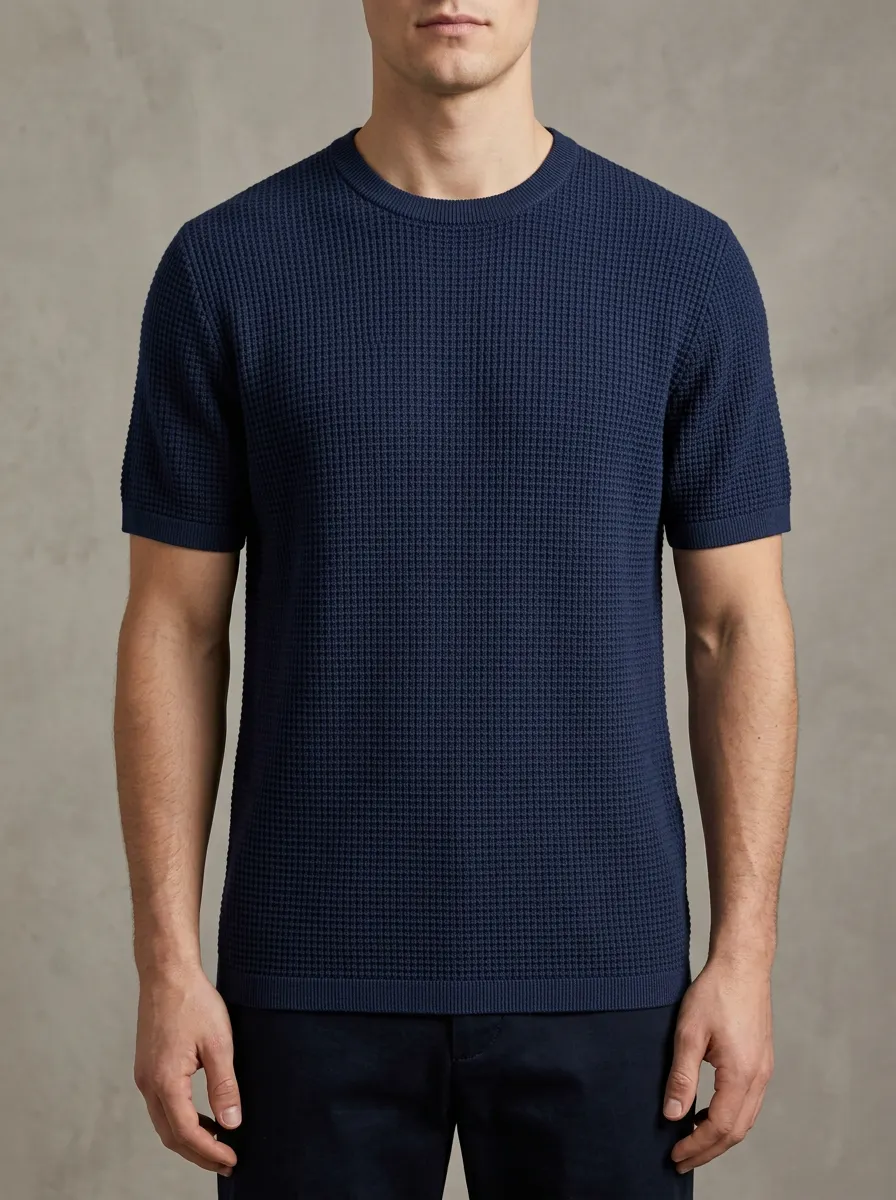 Refined Waffle-Knit Textured-Knit Men's Knit Crew-Neck T-Shirt