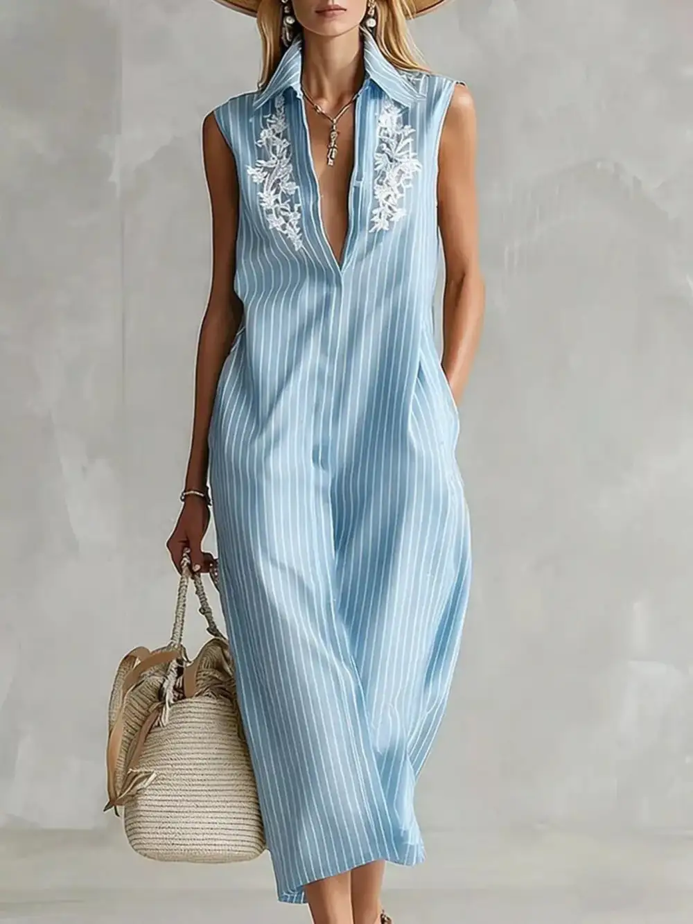 Striped Sleeveless Collared Neck Shirt Dress