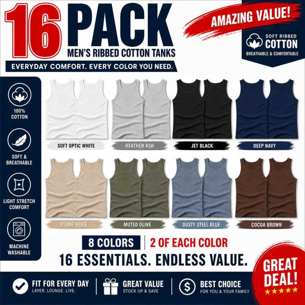FINAL SALE⚡8 Packs for $24.99⚡Value Bundle Men's Ribbed Cotton Tank Undershirts, Breathable Sleeveless Base-Layer Vests