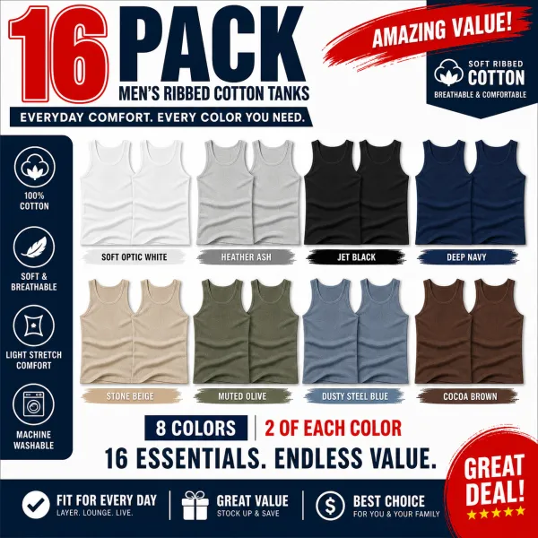 FINAL SALE⚡8 Packs for $24.99⚡Value Bundle Men's Ribbed Cotton Tank Undershirts, Breathable Sleeveless Base-Layer Vests