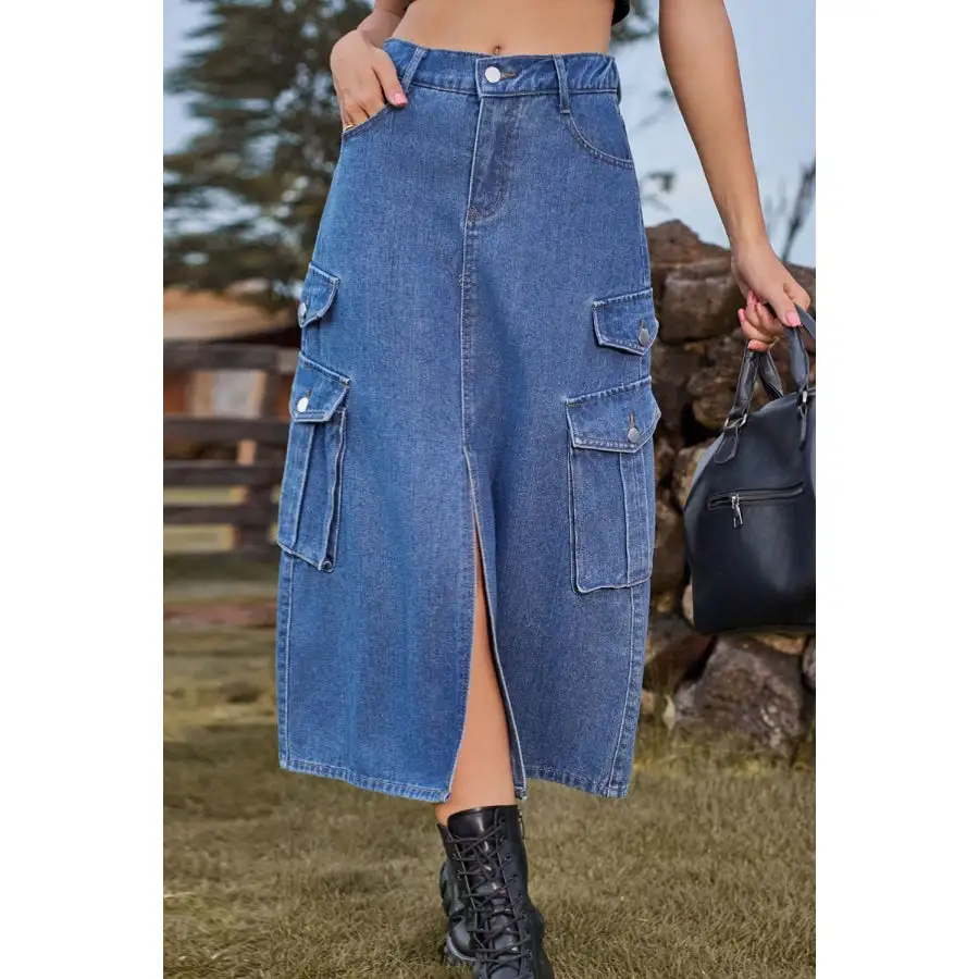 Slit Front Midi Denim Skirt with Pockets