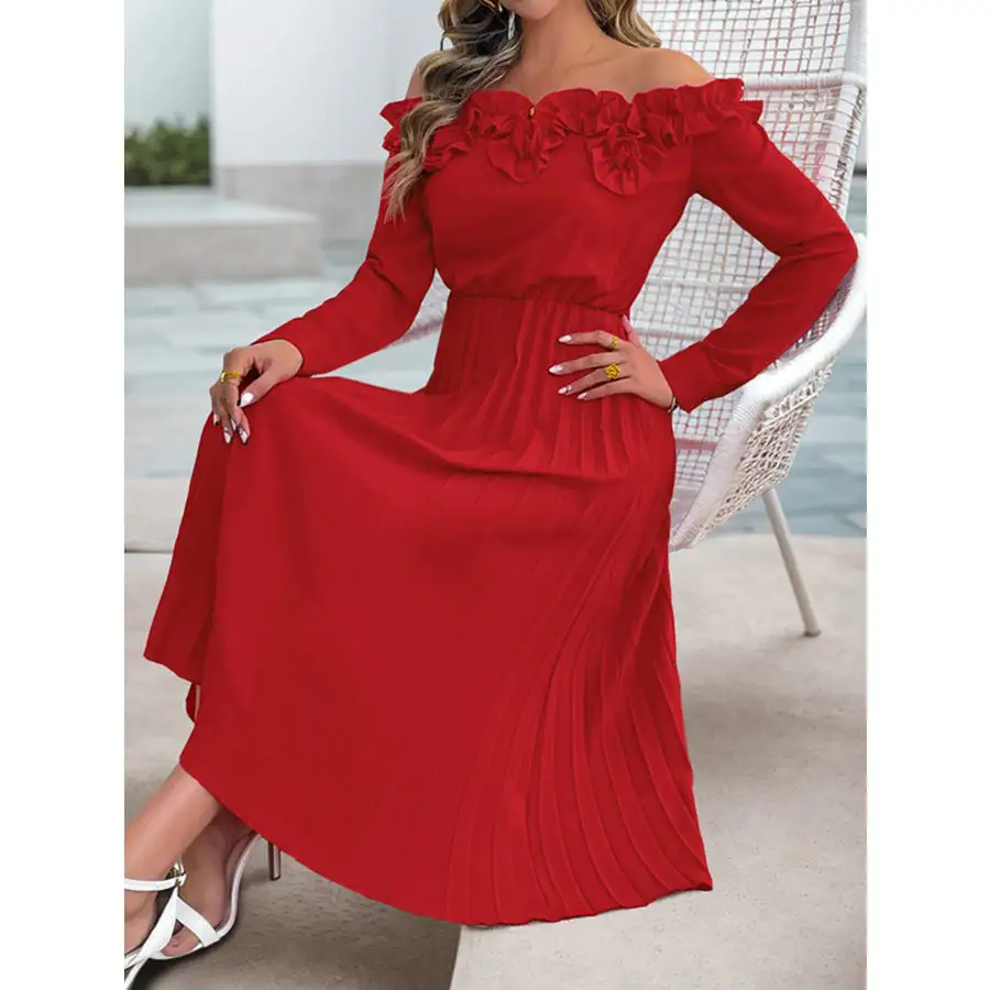 Off-Shoulder Ruffle Pleated Midi Dress
