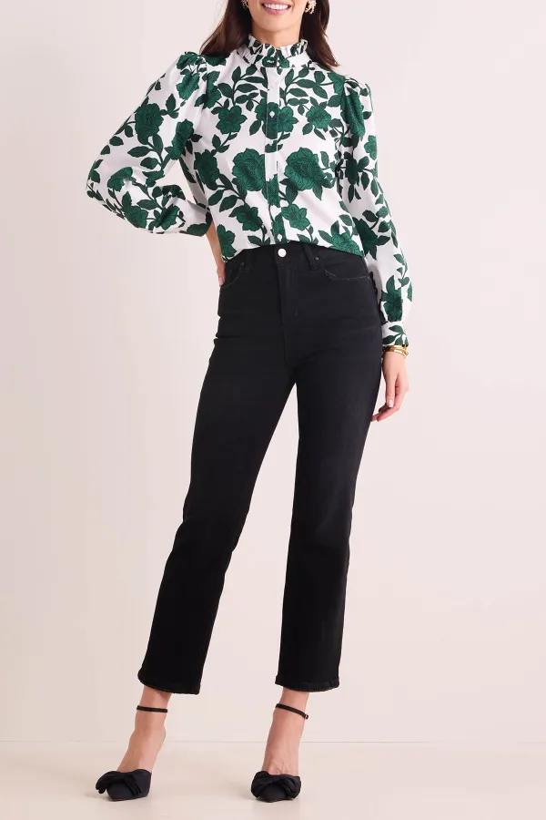 Green Floral Print Stand Collar Button-Front Shirt