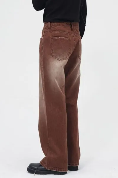 Refined Washed Pocketed Stretch Wide Straight Jeans
