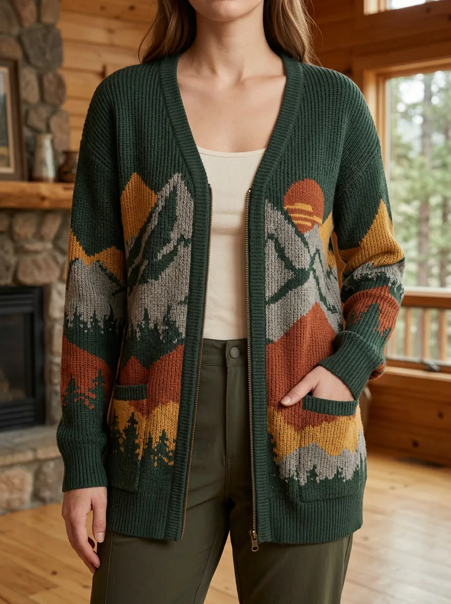 Women's Nature Lover Mountain Sunset Printed Dropped Shoulder Everyday Layering Cardigan