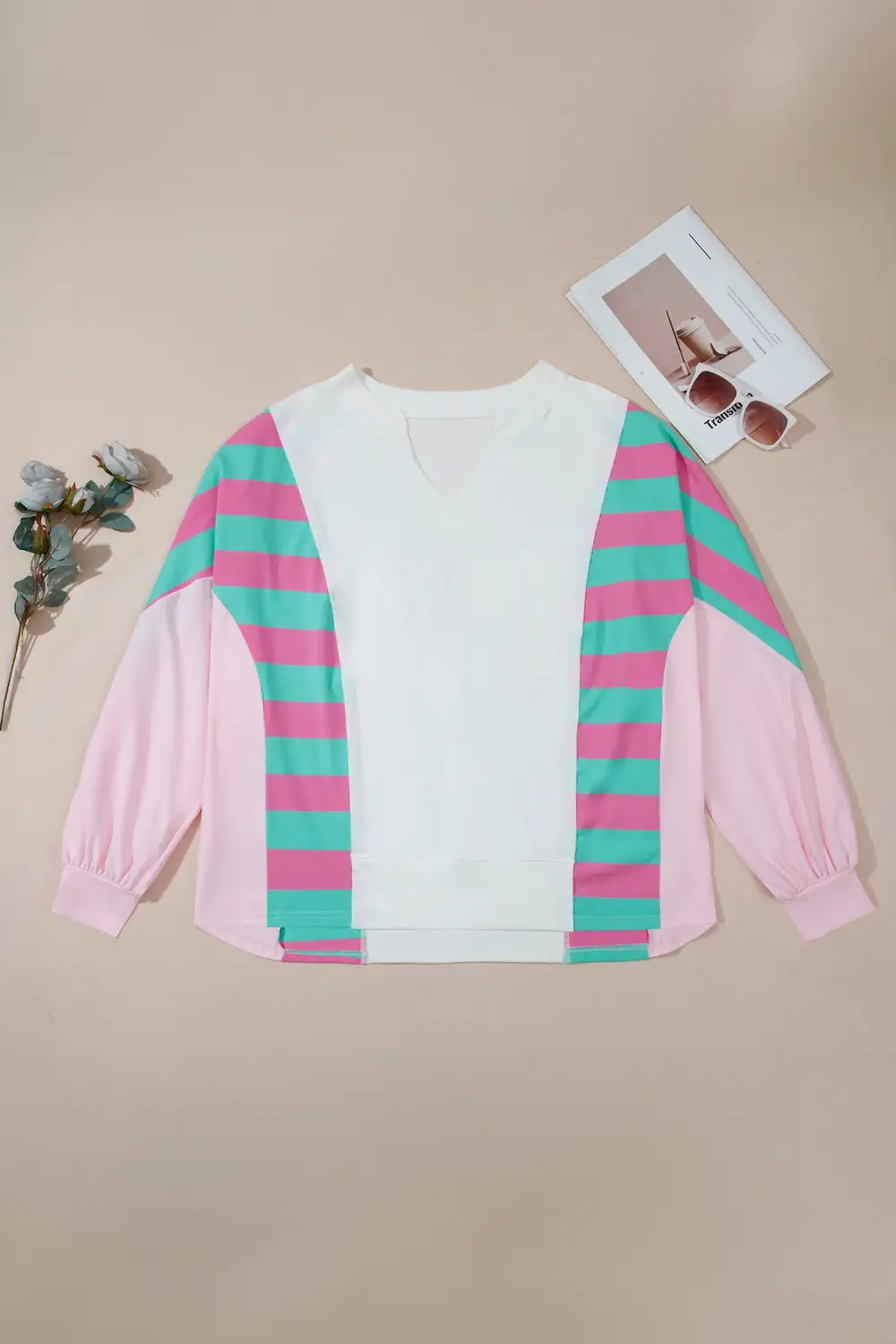 Striped V Neck Relaxed Cotton Blend Long Sleeve Top