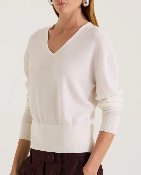 Cream Blouson V-Neck Merino Knit