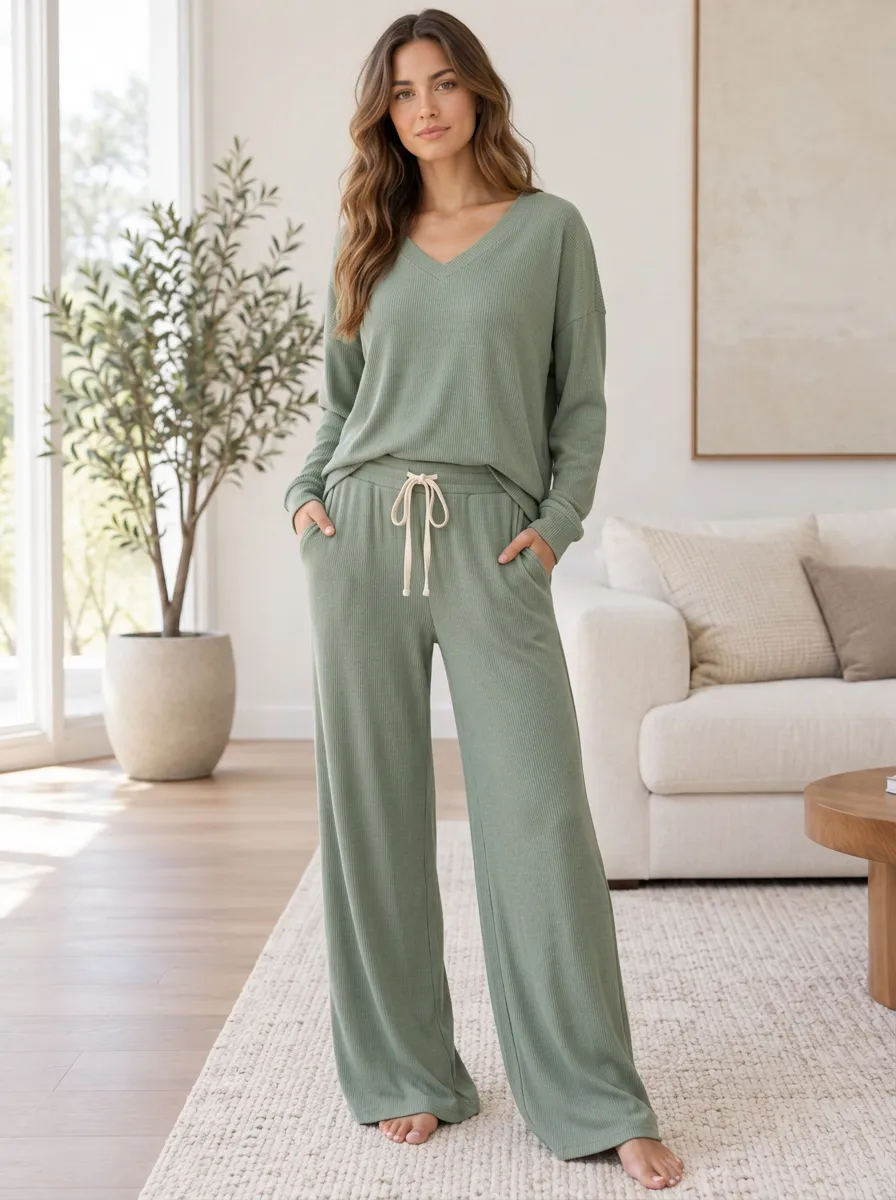 Casual Homewear Women's Ribbed Wide Leg Pajama Set