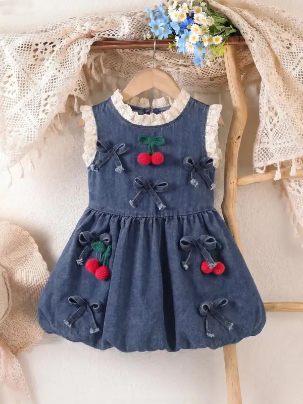 Girls Denim Cherry Applique Dress With Lace Trim